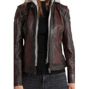 Gipsy By Mauritius Dark Red Leather Jacket Grey Hoodie Insert Front Zip Sz M